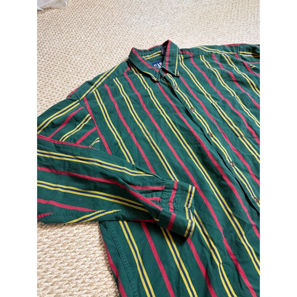 Vintage GAP Mens Green Striped Cotton Button Down Shirt L 90's grunge y2k preppy